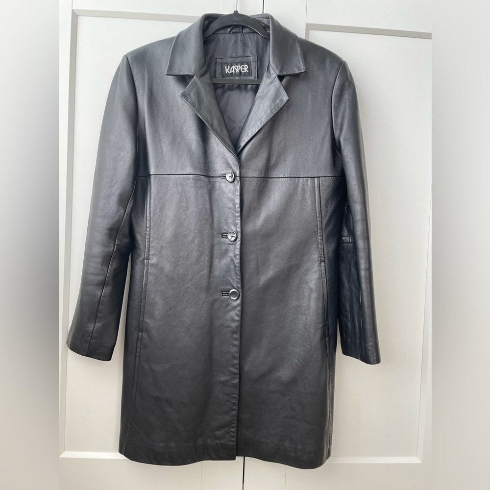 Kasper Black Leather Jacket Coat Size Large Women's Button Up Mid Length